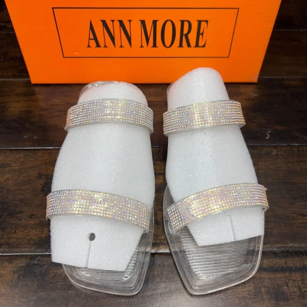 ANN MORE Carson Rhinestone Clear Slide Sandals Women's Size 8 EU 39 Bling Sparkl